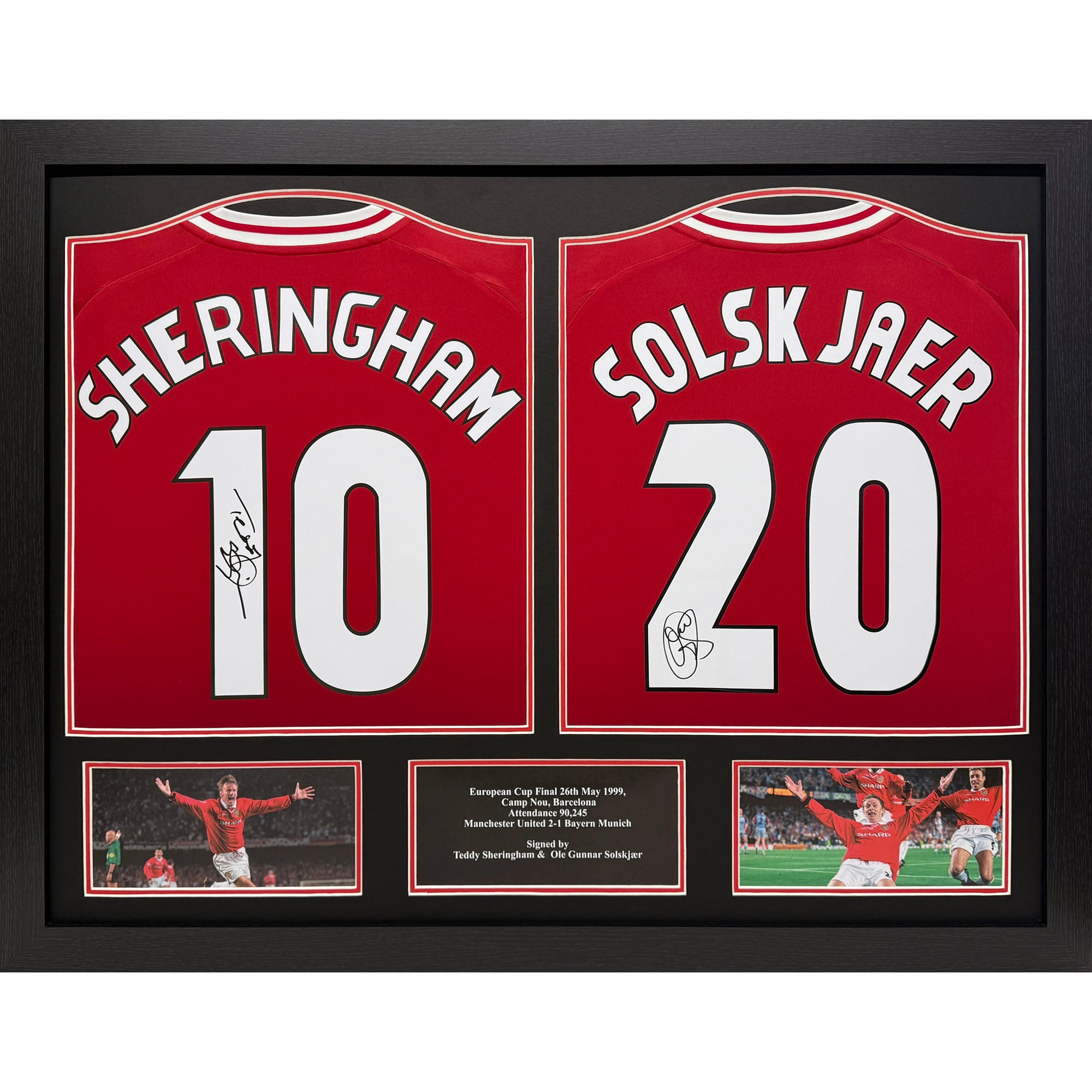 Manchester United Solskjaer & Sherringham gerahmtes, doppelt signiertes Trikot-Display