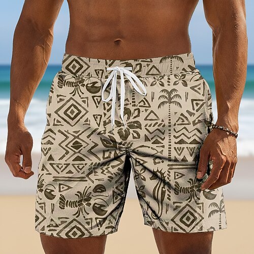 Herren Fisch Garnele Kokospalme Badehosen Badeanzüge Badeshorts Boardshorts Mittlere Taille Hawaiianisch Täglich Strandurlaub Seitentaschen Netzfutter Elastischer Kordelzug in der Taille Designer Image
