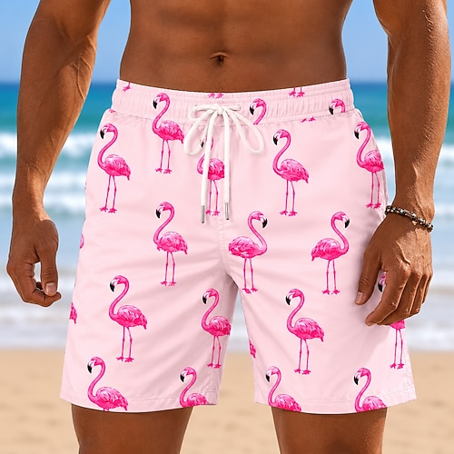 Herren Tiermotiv Flamingo Badehosen Badeanzüge Badeshorts Boardshorts Mittlere Taille Hawaiianisch Täglich Strandurlaub Seitentaschen Netzfutter Elastischer Kordelzug in der Taille Designer Bekleidung Image