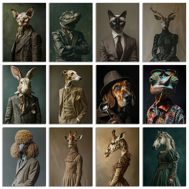 1 Stück rahmenloses Leinwandgemälde, lustige, elegante Tiere, Kaninchen, Hirsch, Pferd mit Kleidung, Wandkunst, HD-Poster, Leinwandgemälde und Druck Image