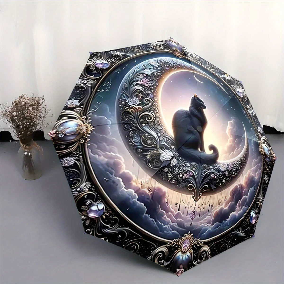 Automatischer Regenschirm mit Mystischem Schwarzen Katzen- und Halbmond-Design - Eleganter Regenschirm für Damen/Herren, Kompakt für Reisen Image