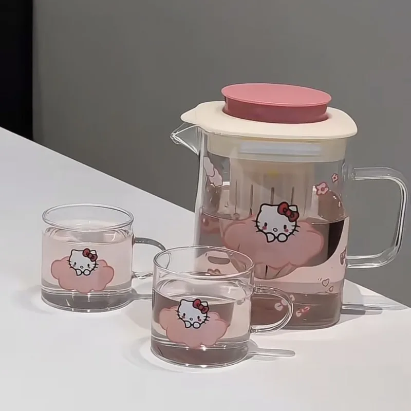 Sanrio Hello Kitty Glass Tea Set Suit Filter Teapot Household Use Fashion Cartoon Cute Send To Friends Birthday Gift Simple New