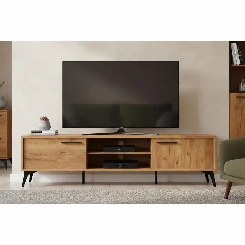 Meuble TV rustique brun, meuble bas, meuble TV, commode TV, 180 cm – Pour téléviseurs jusqu'à 80 pouces avec porte et compartiment ouvert, meuble TV, meuble multimédia, centre de divertissement, avec