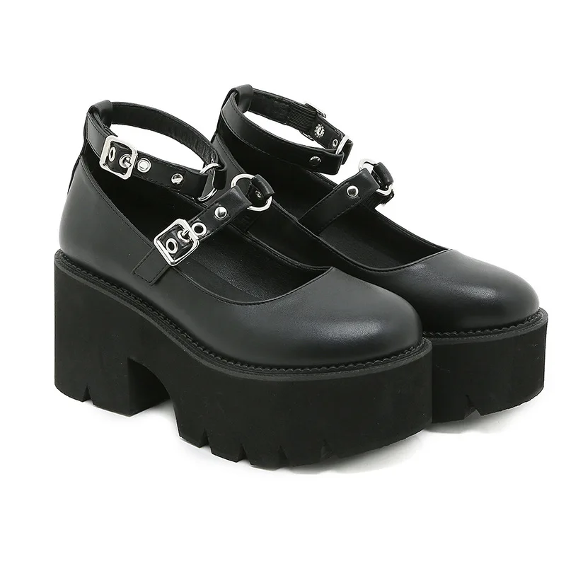 Gothic Chunky Plateauschuhe Damen Schnallenriemen Dicke High Heels Mary Janes Pumps Mädchen Schwarz Lolita Cosplay Schuhe Größe 42 43