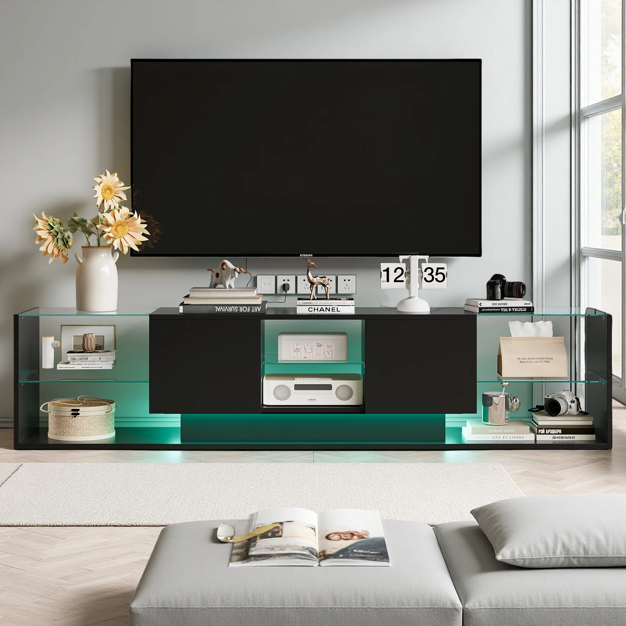 Meuble TV bas Fangange, meuble TV LED, meuble TV de 200 cm de long avec 2 tiroirs, meuble TV pour salon ou chambre, noir