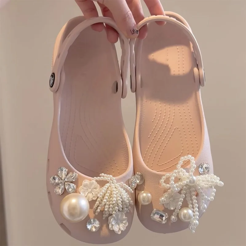 Elegante Perlen-Strass-Blumen-Ballerinas für Damen, Frühling, EVA-Weichsohle, Outdoor-Tragbar, Rosa Mary-Jane-Schuhe, Plateau, Atmungsaktive Clogs