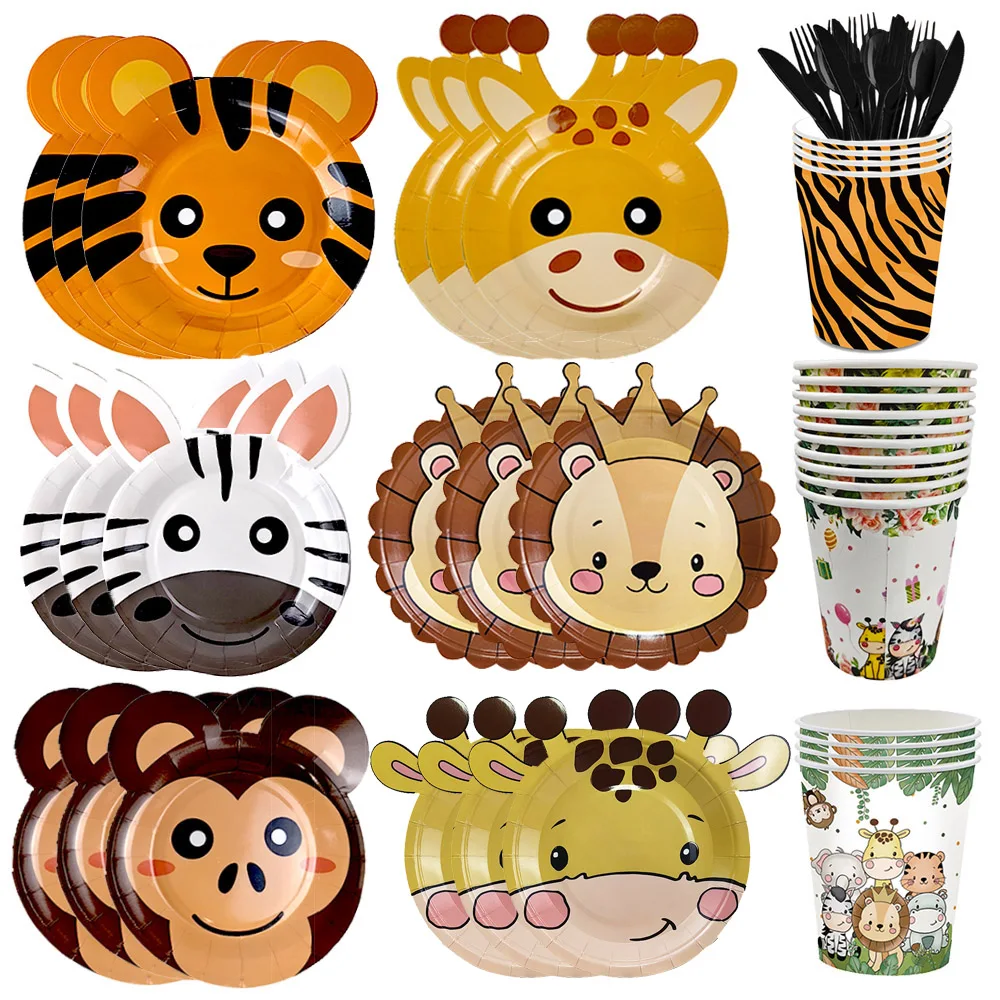 10/30/50 Stücke Dschungel Safari Pappteller Tiger Giraffe Löwe Tierförmige Einwegteller Tassen Safari Thema Geburtstag Party Dekor Image