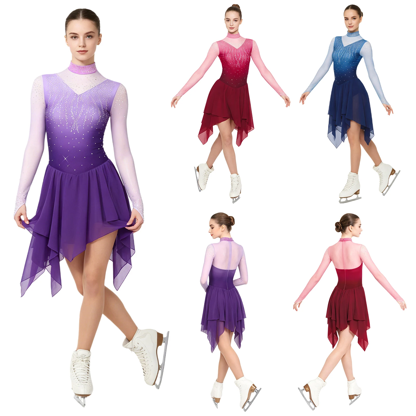 Robe de performance pour patinage artistique féminin, manches longues, strass, maille transparente, justaucorps pour danse lyrique, gymnastique, acrobaties