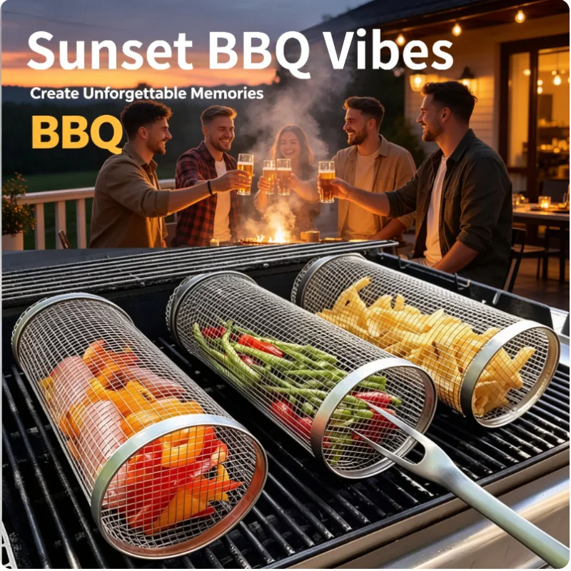2-teiliges Edelstahl-Grillset, tragbarer Grillkorb, Gabel, Haken, Grillrost, Grillwerkzeuge für Camping im Freien und Garten Image