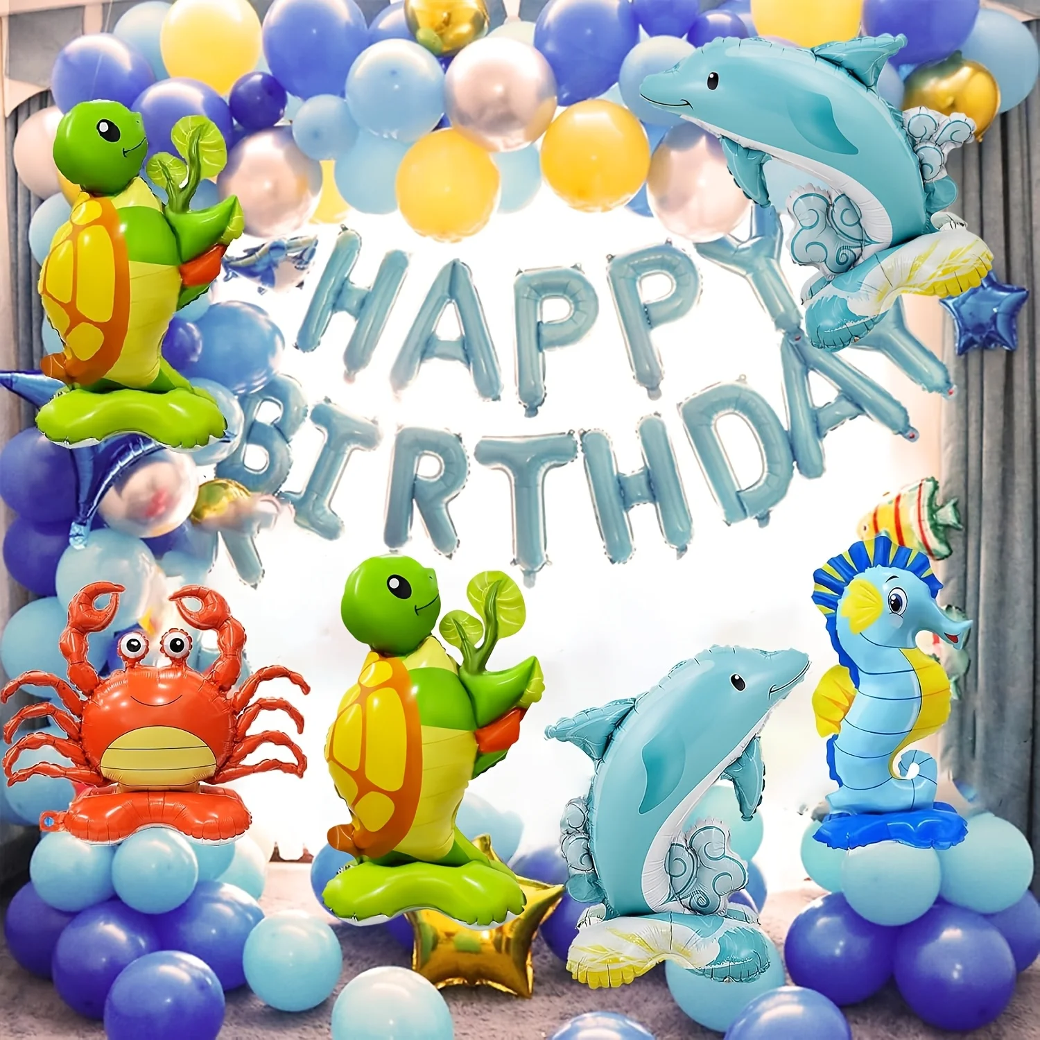 4/6 Stück niedliche Luftballons mit Meerestier-Motiv, Krabbe, Seepferdchen, Meer ​ ​ Ballon in Schildkrötenform für die Meeresparty-Dekoration, Geburtstagsballon Image