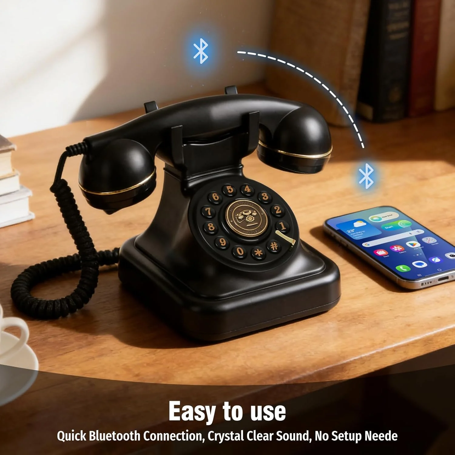 Retro Blue Bluetooth Landline Phone, Mid-Century Style Desk Telephone with Classic Handset, Loud Vintage Ringtones