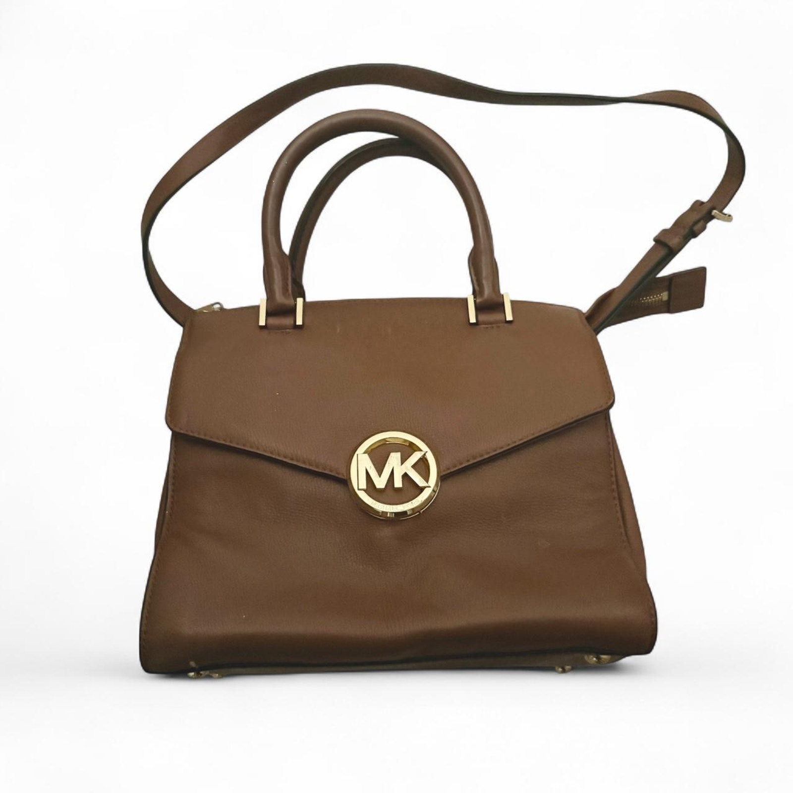 Michael Kors Bags | Brown Michael Kors Mk Gold Buckle Bag With Crossbody Shoulder Strap Top Handles | Color: Brown/Gold | Size: Os
