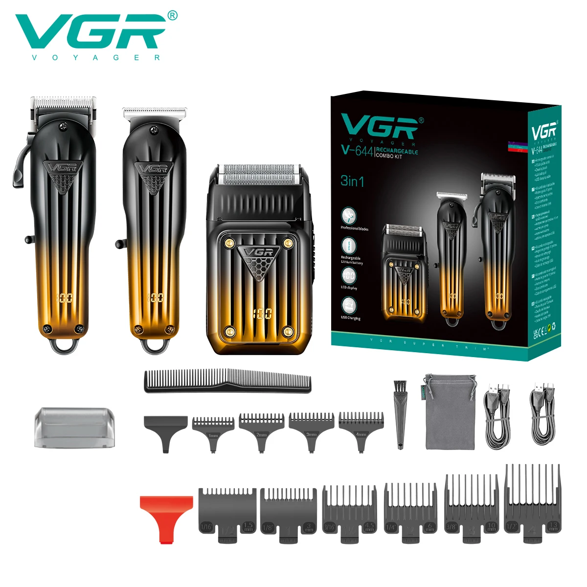 VGR 644-Haarschneidekombination mit Farbverlauf, Elektrorasierer, wiederaufladbar, professioneller Herren-Haarschneider, elektrischer Schieber Image