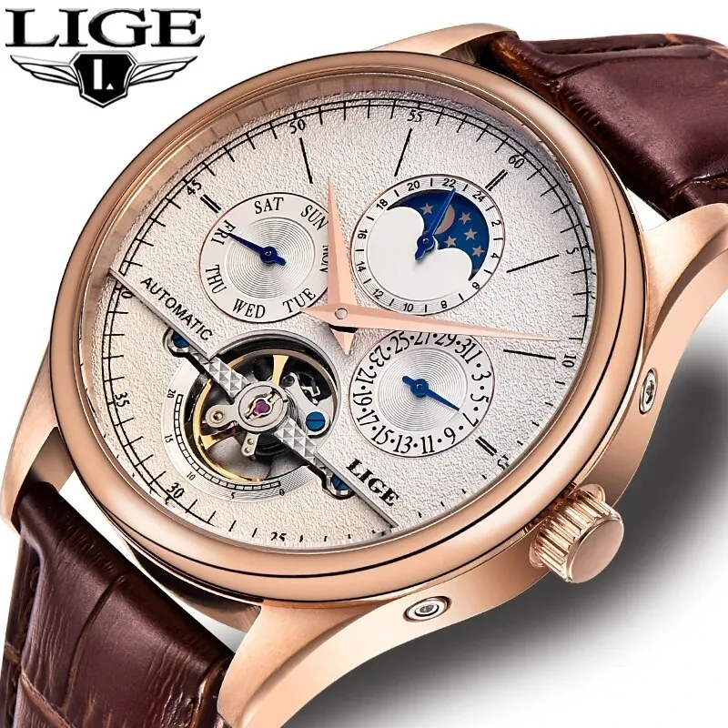 LIGE Herrenuhren Automatische Mechanische Uhr Tourbillon Uhr Echtes Leder Wasserdichte Uhr Herren Militär Armbanduhr Mann Image