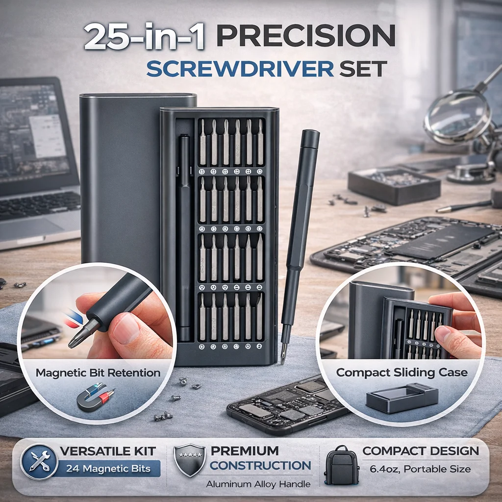 UF-Werkzeug, 25-in-1-Magnetschraubendreher-Set – Präzisions-Reparaturset für Telefon, Computer und Elektronik – 24 abnehmbare Stahlbits Image