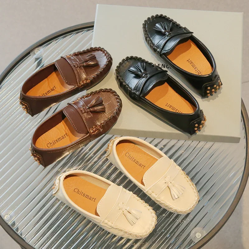 Kinder Mokassin Schuhe Jungen Wohnungen Müßiggänger Nicht-slip Quasten Nette Kinder Casual Leder Schuhe Weiche Slip-on Plissee einfarbig 2023 Image