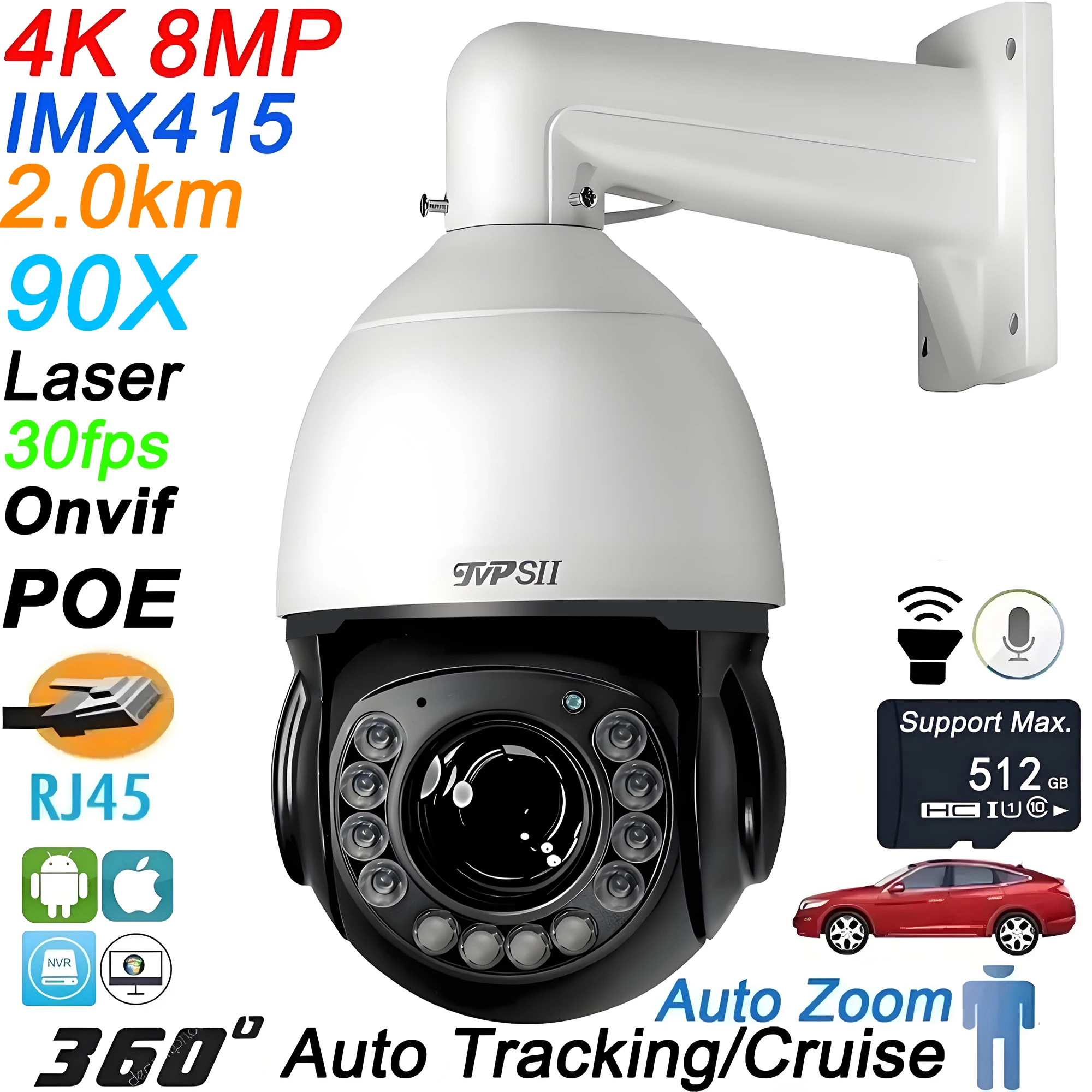 Laser Infrarot Metall Auto Tracking Cruise 8 MP 4K 90X optischer Zoom 360 ° Audio ONVIF POE PTZ Speed Dome Überwachungs-IP-Kamera Image