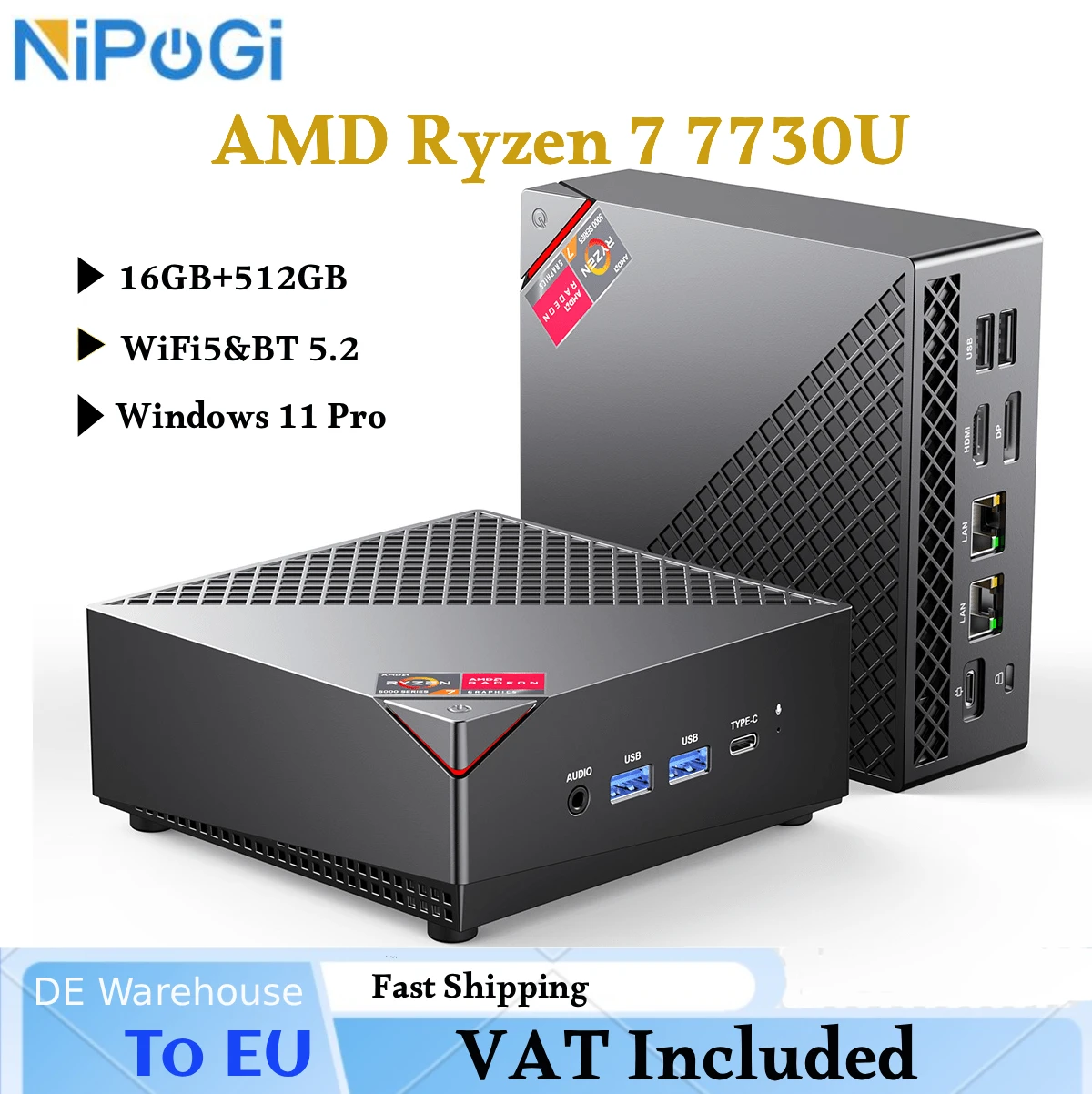 NIPOGI AMD Ryzen7 7730U Gaming Mini-PC 16GB DDR4 512GB SSD WiFi-6 BT5.2 Win11 Pro Mini-Computer für Spiele & Arbeit