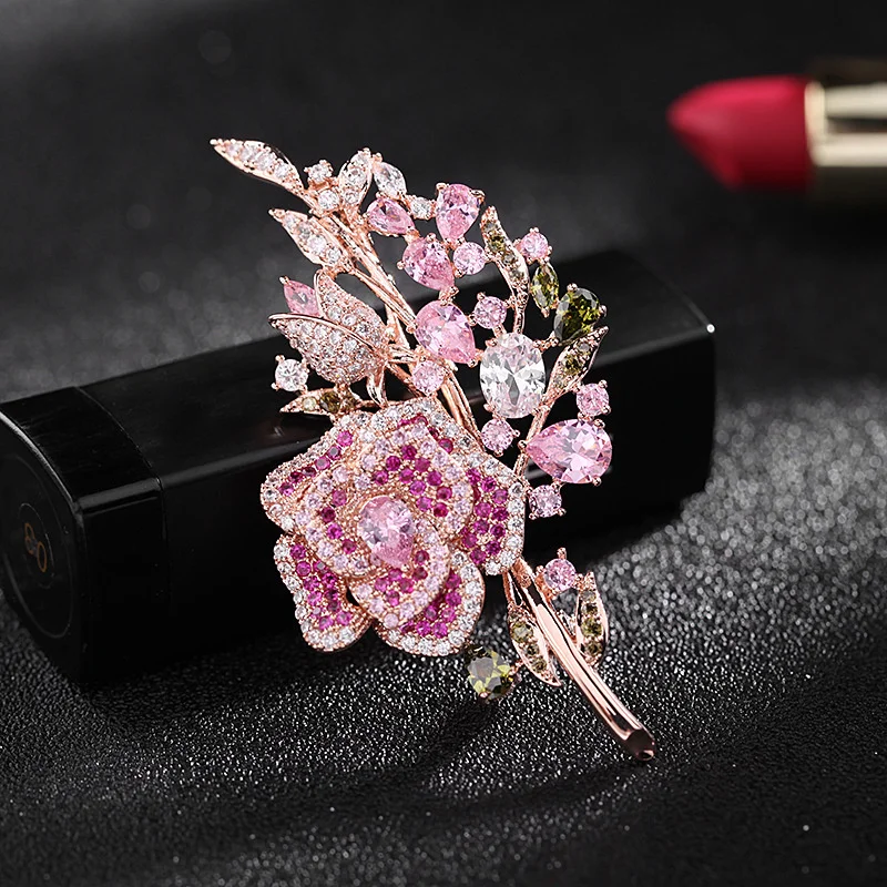 Vintage Rosa Strass Rose Bouquet Blume Broschen Für Frauen Dame Elegante Wasser Tropfen Kristall Blatt Brosche Bankett Party Schmuck