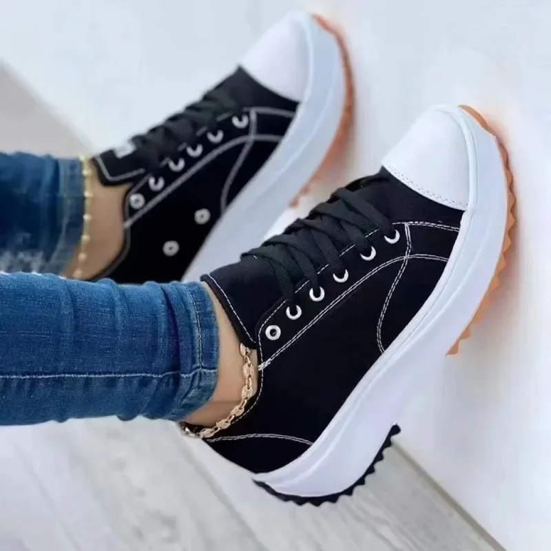 Neue Damen-Freizeitschuhe für Herbst und Sommer, Runde Spitze, Canvas, Einfarbig, Niedriger Schaft, Große Größen Damenschuhe