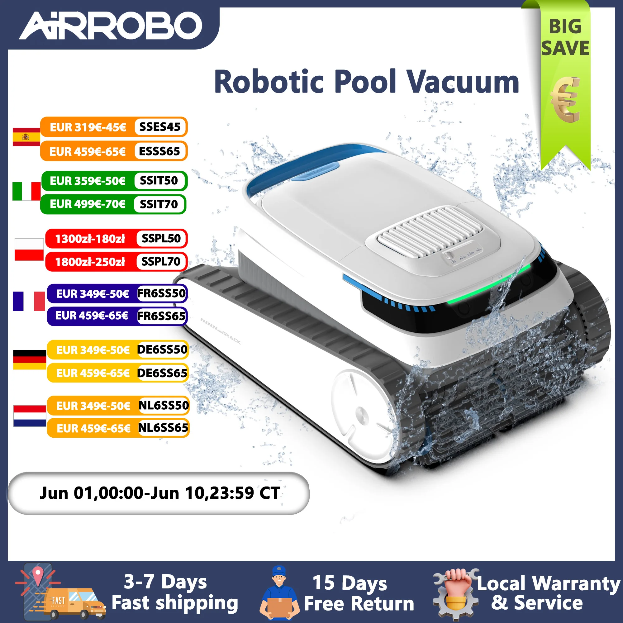 Aspirateur de piscine AIRROBO PC10 pour piscines enterrées, robot nettoyeur de piscine à navigation intelligente, nettoyeur de piscine qui grimpe aux murs, autonomie de 120 minutes