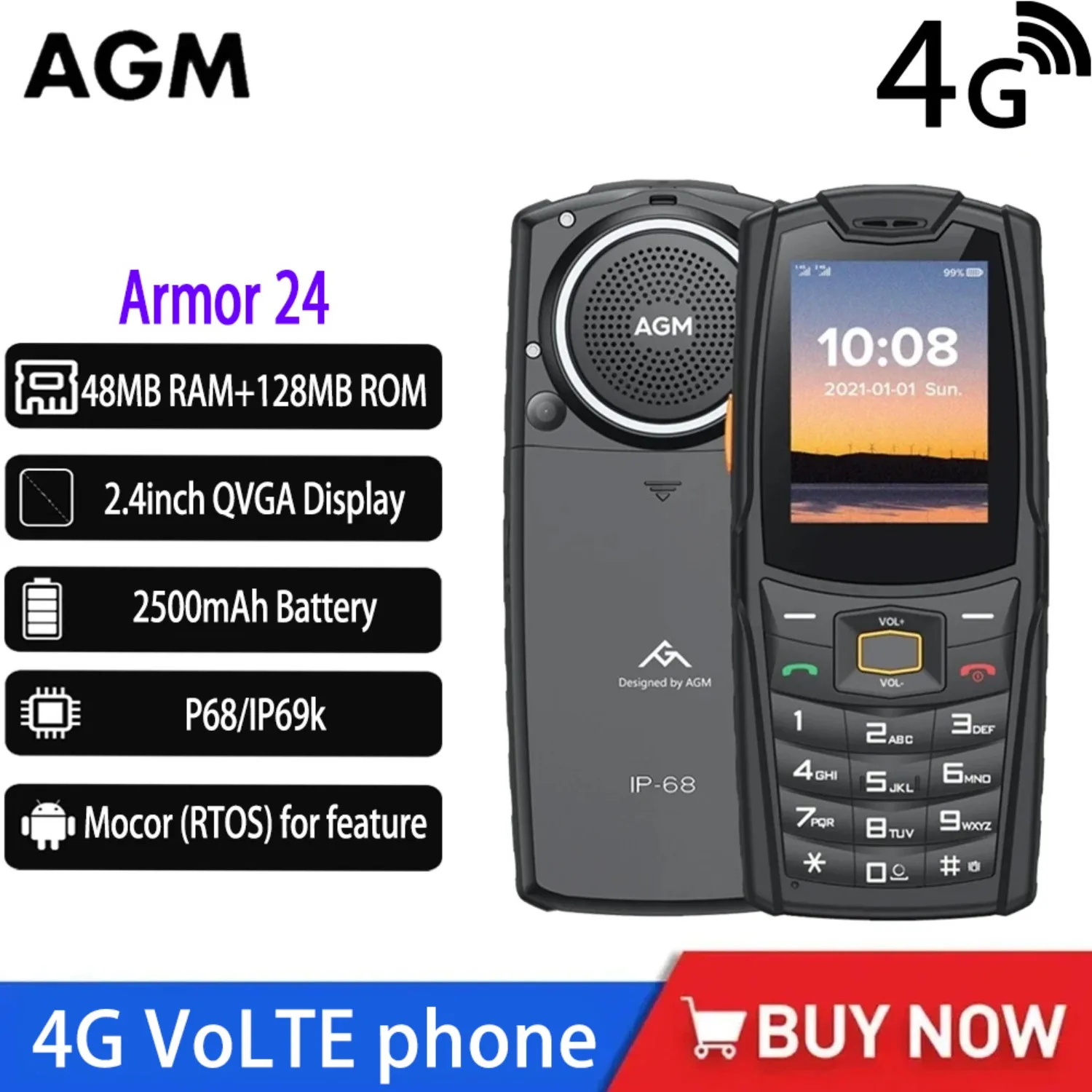 AGM M6 IP68 Push-Button Phones 4G Unlocked Cellphone 2500mAh Rugged Telephone Dual SIM Feature Phone for Senior Russian Version