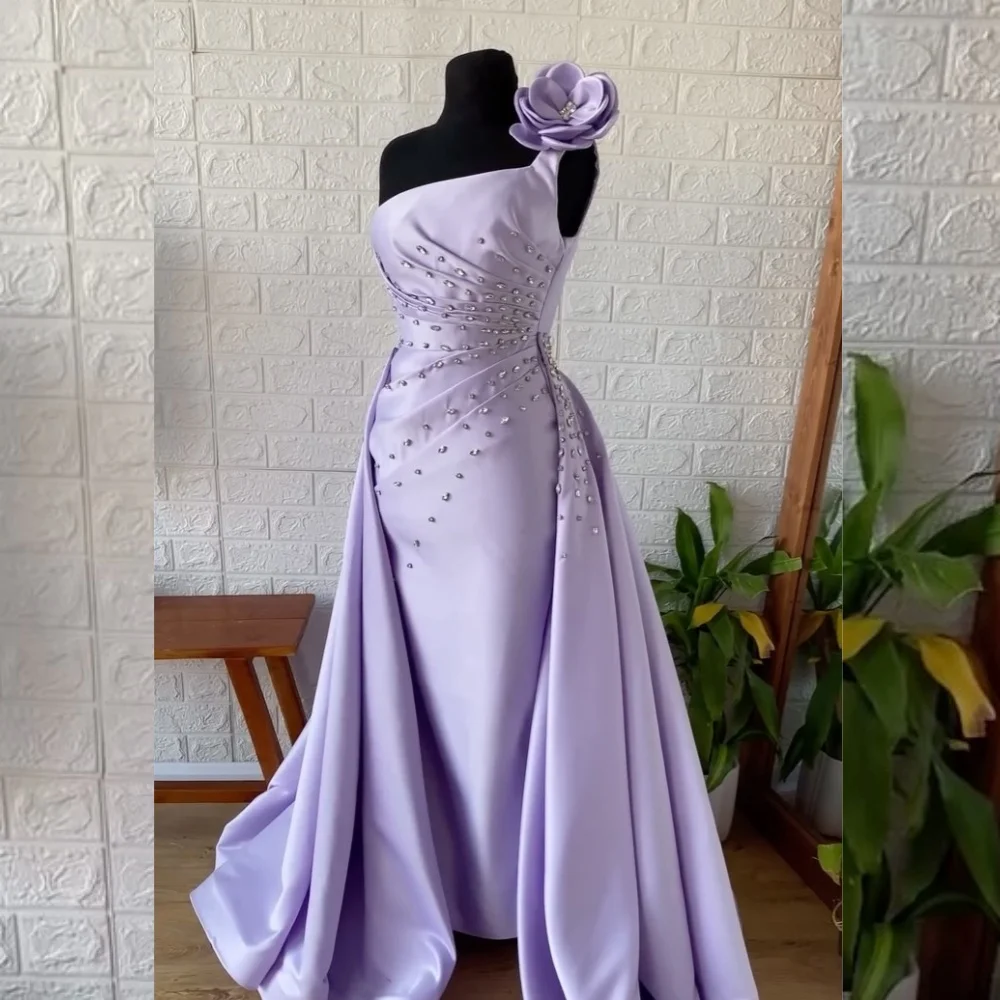 Customized Casual Charmeuse Sequined Flower Pleat Straight One-shoulder Midi Dresses Bespoke Occasion Exquisite