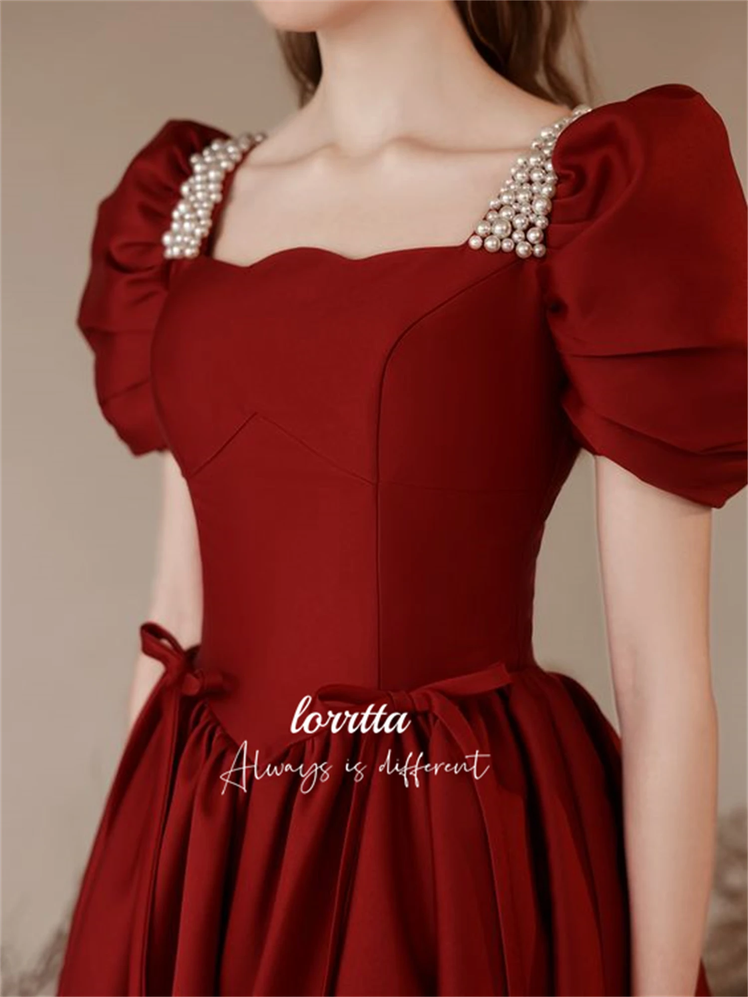 Lorrtta Satin Cloth Evening Dress Beaded Decoration Claret A Line Party Bubble Sleeve Dresses for Formal Occasions