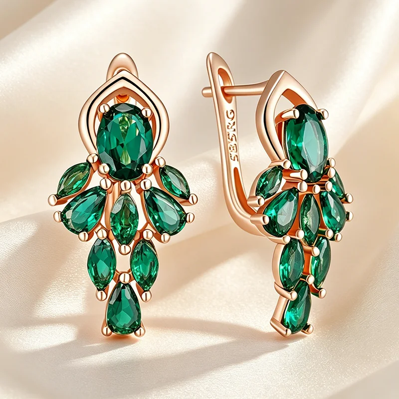 Kinel Hot Shiny Green Natural Zircon Flower Drop Ohrringe für Damen, modisch, 585er Roségold, Vintage-Stil, für den Alltag, edler Schmuck Image