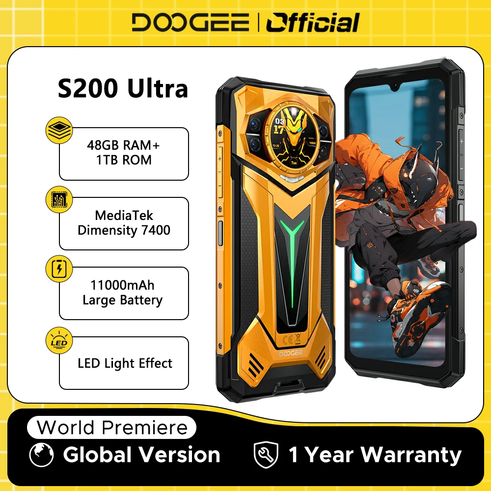 Robustes DOOGEE S200 Ultra 5G-Telefon, 48 GB + 1 TB, Abmessung 7400, 11000 mAh Akku, 66 W, 6,72 Zoll FHD + 120 Hz, Atemlicht, NFC-Smartphone Image