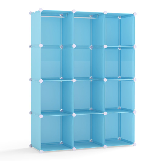 Costway Modular Baby Wardrobe with 10 Cubes & Hanging Rod and Shelves Stackable-Blue