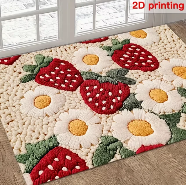 Eine weiche und strapazierfähige Bodenmatte mit Erdbeer-Gänseblümchen-Muster und rutschfestem Design, geeignet für Küchenmatten und Wohnzimmerteppiche. Image