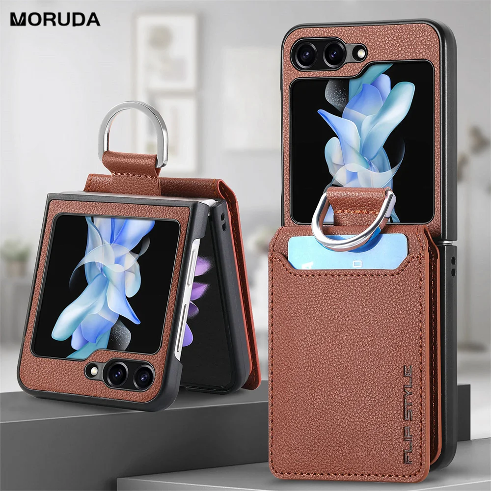 Lychee-Muster Lederhülle für Samsung Z Flip 5 4 3 2 7 Kartenhalter-Cover für Galaxy Z Flip 4 6 mit Fingerring Weiche Schutzhülle Image