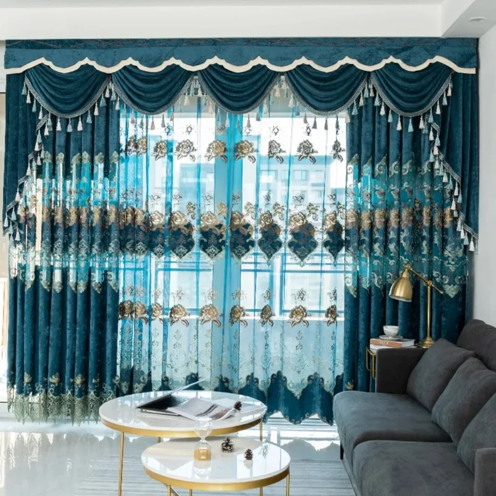 Hochwertige europäische Vorhänge für Wohnzimmer, Esszimmer, Schlafzimmer, ausgehöhlte Stickerei, Chenille-Villa-Vorhang, maßgeschneiderter fertiger Vorhang Image
