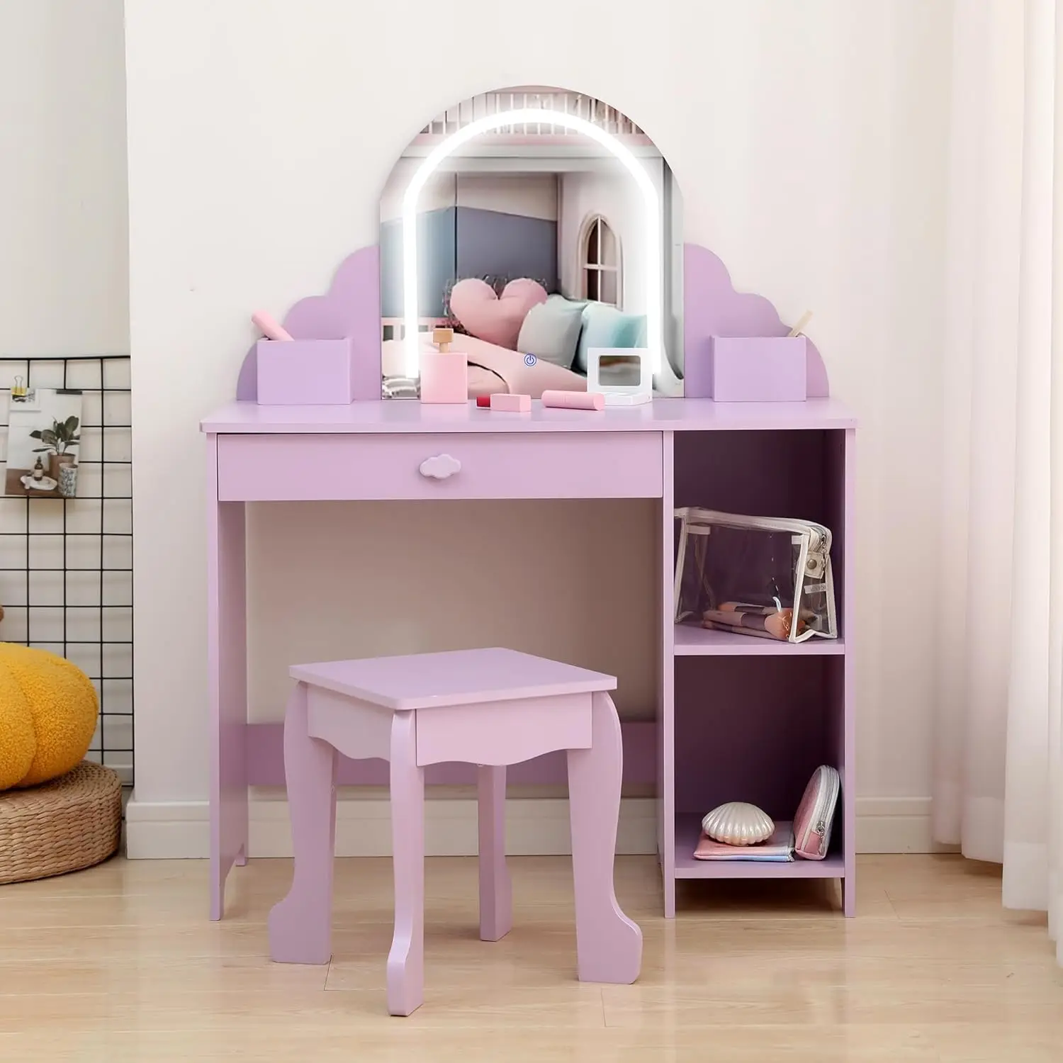 Garvee Schminktisch mit beleuchtetem Spiegel für Mädchen von 3–9 Jahren: Lila Kinder-Schminktisch mit Schublade, offenen Regalen und kleinem Aufbewahrungsbereich außen am Rahmen für Schlafzimmer,