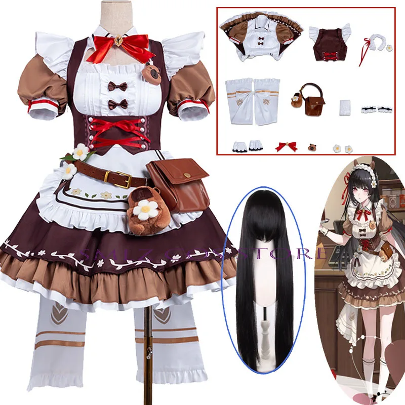 Chisa Cosplay Game Wuthering Waves Kostüm Chisa Maid Kawaii Süßes Kaffee-Kleid-Set Halloween Party Outfit für Frauen Image