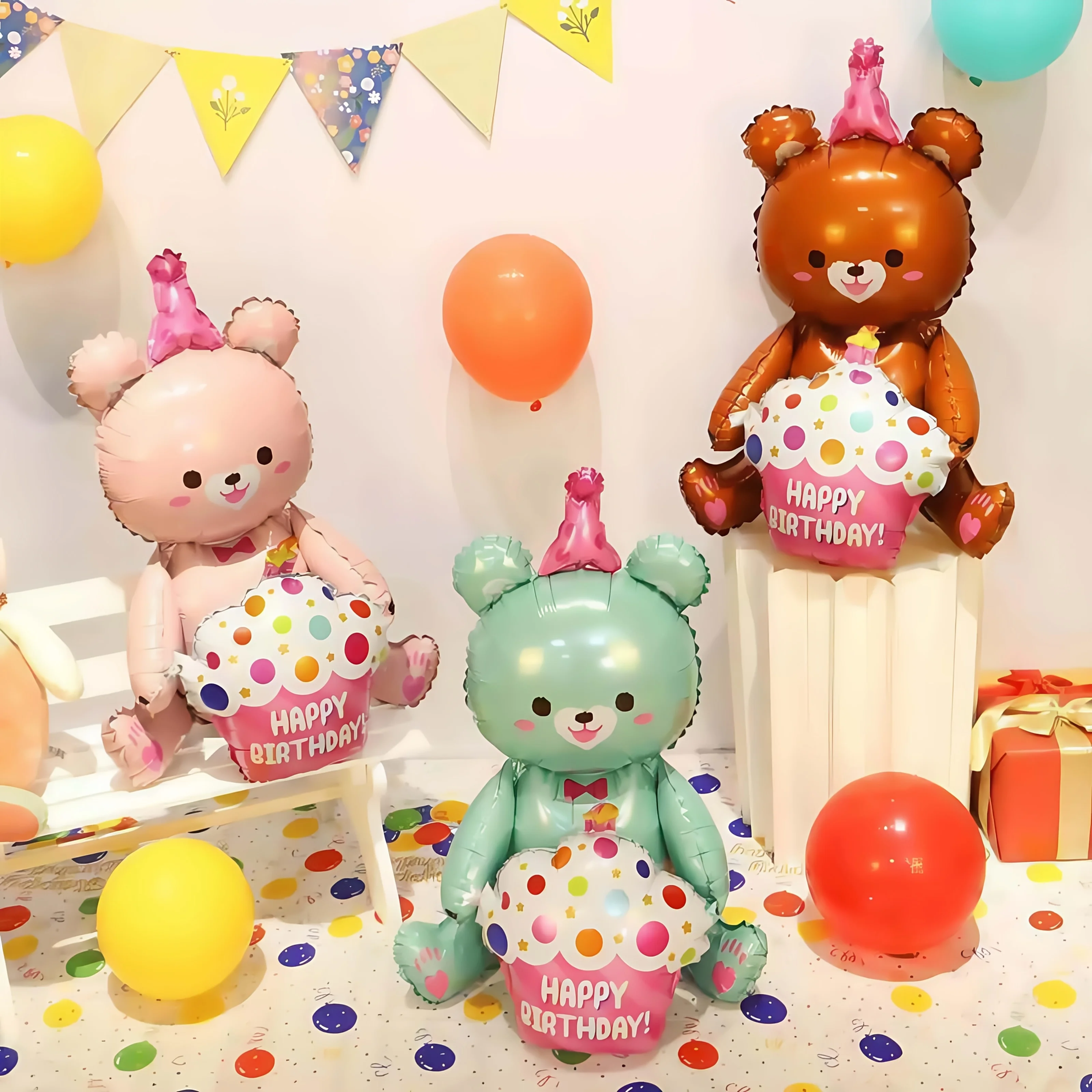 2 Stück Große Bärenförmige Ballons, Umarmender Happy Birthday Kuchen-Bär Folienballon, Haustier-Geburtstagsparty Dekorationszubehör Image