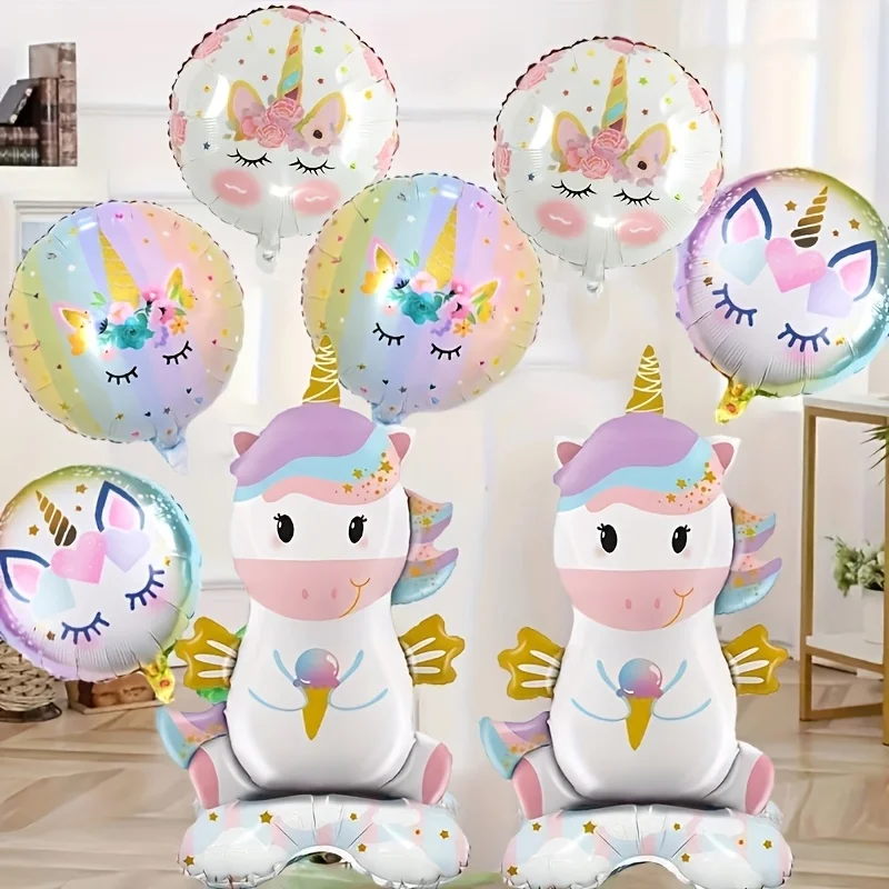 8 Stück Regenbogen-Einhorn-Ballons 18 Zoll Runde Folienballons 1. Geburtstag Kinder Einhorn-Thema Partydekoration Baby-Shower Globos Image