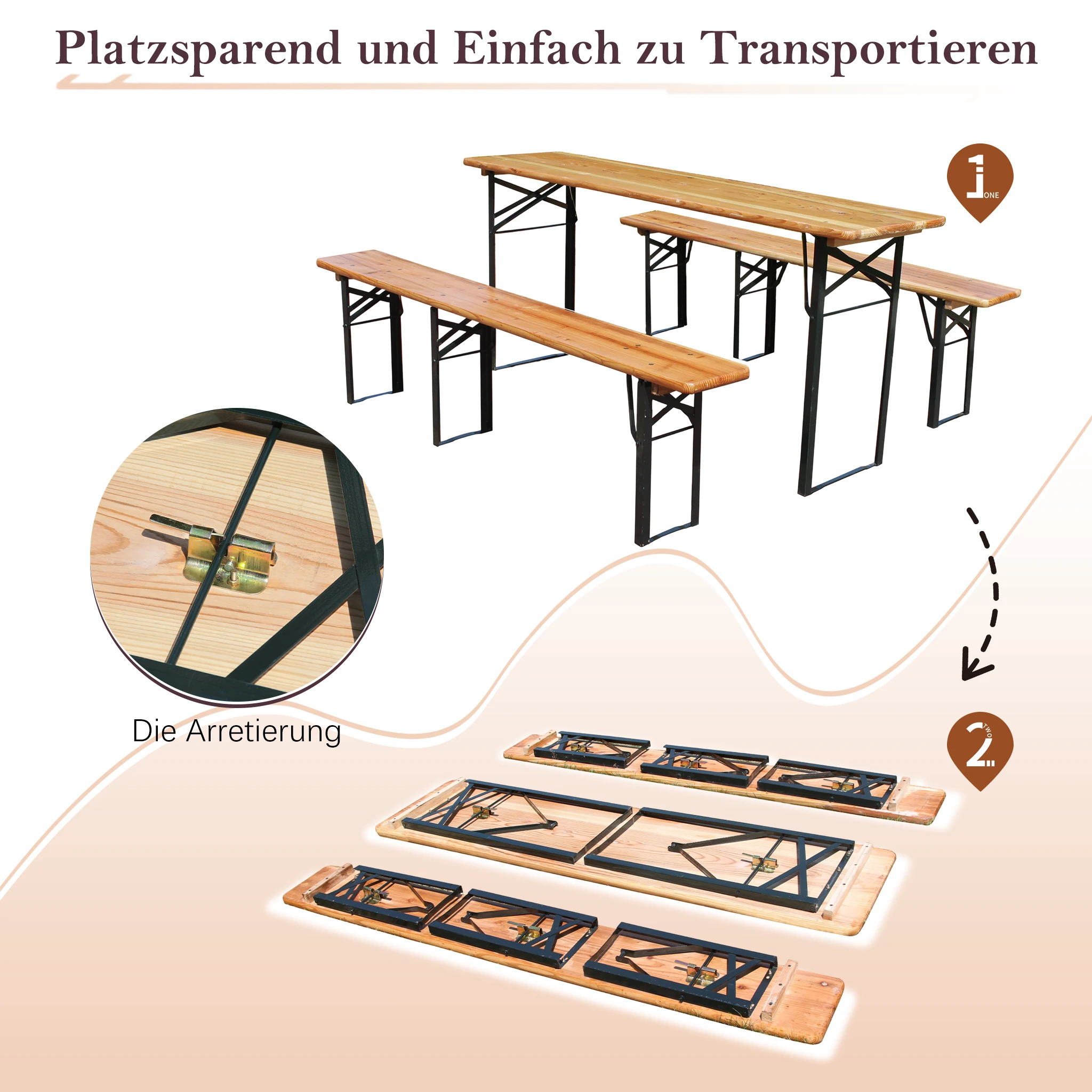 Outdoor Holz-Klapptisch-Set mit 2 Bänken, 3-teiliges Wetterfestes Picknick-Tisch-Set für Garten, Terrasse und Festivals