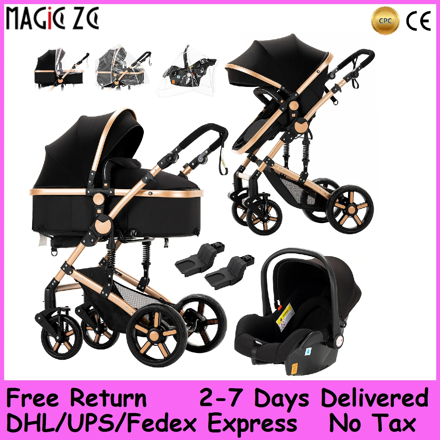 3-in-1-Kinderwagen, multifunktional, mit Autositz und Schlafkorb, Baby-Kinderwagen, leichter Kinderwagen, kompakter zusammenklappbarer Kinderwagen Image