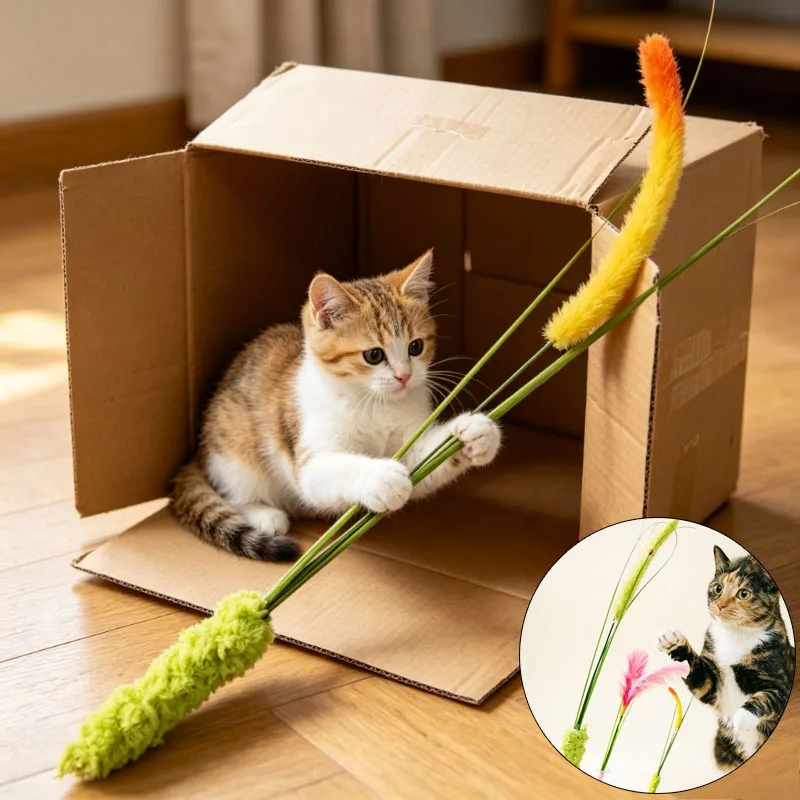 Neues Katzenspielzeug mit Grasfedern, Langer Stab zum Necken von Kätzchen, Bissresistentes Interaktives Katzenspielzeug Image