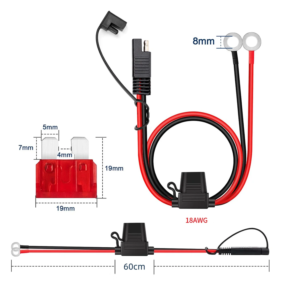 O-Ring-Anschlusskabel zu SAE-Batterieladekabel mit 10A-Flachsicherung, Auto- und Motorrad-Batterieladegerät, Schnellanschlussadapter