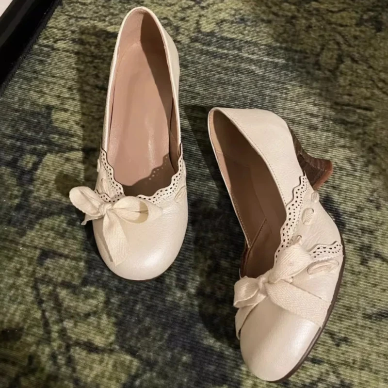 Frühlings-Vintage-Pumps für Damen mit klobigem Absatz, Schleifendekoration, runder Zehenpartie, Mary-Jane-Schuhe, elegante Party-Designerschuhe, Lolita-Schuhe