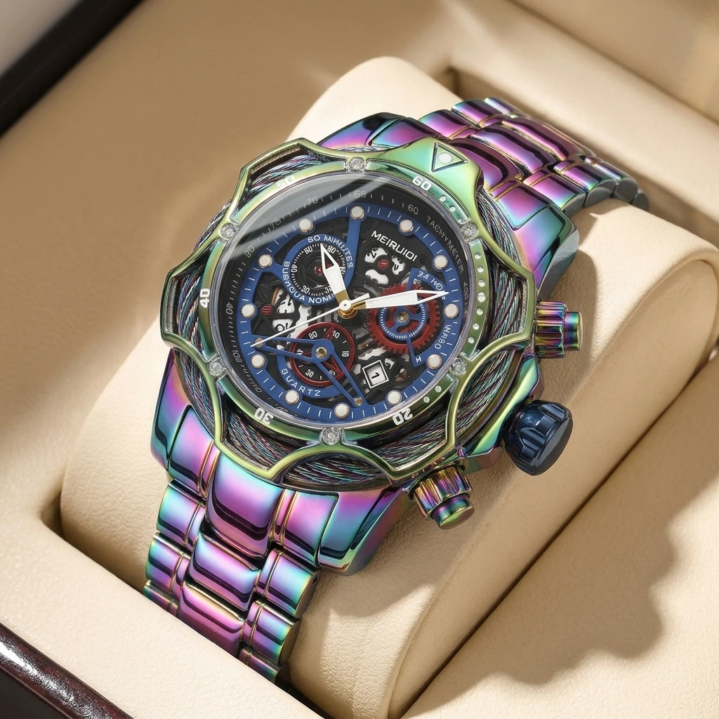 1 Stück Schillernde Farbwechselnde Metallarmband-Uhr Mechanisches Hohles Zifferblatt Chronograph Modische Trendige Armbanduhr für Männer Frauen Alltag Image