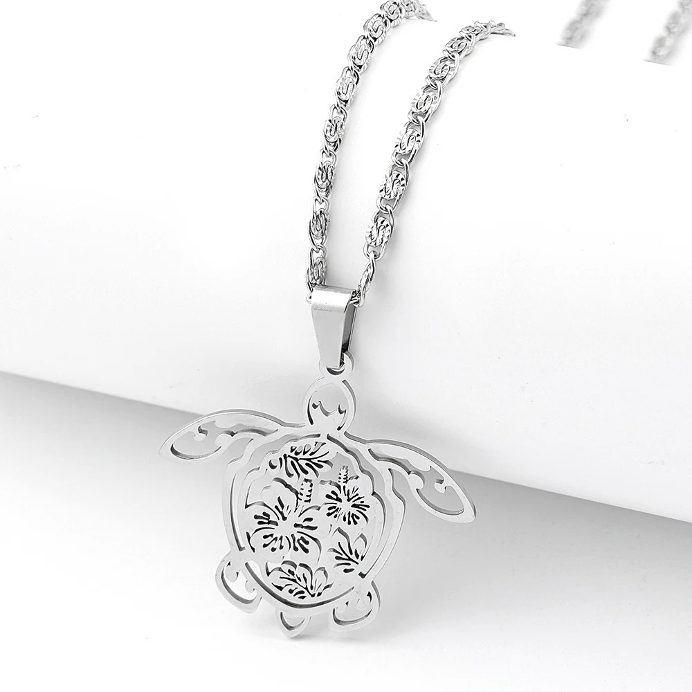 Grüne Schildkröten-Hibiskus-Blumenkette für Damen und Herren, Edelstahl, silberfarben, Honu, Ozean, Urlaub, Boho, hawaiianische Halskette, Schmuck Image