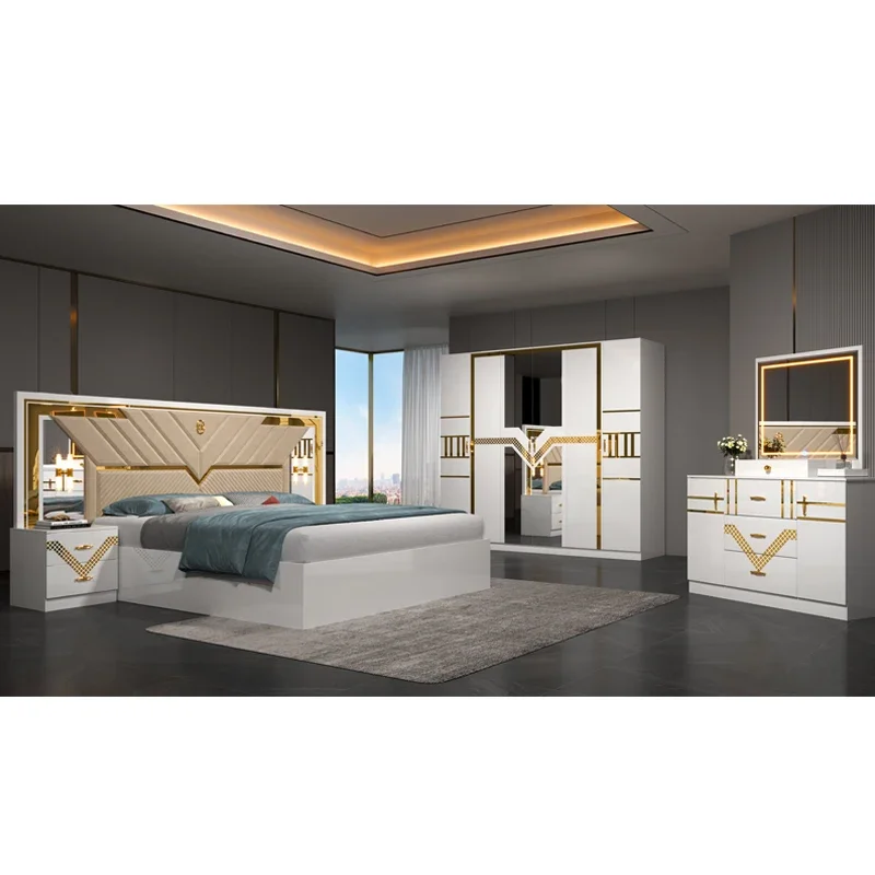 # Günstiger Großhandel aus Holz, Kingsize-Bett, Lederkopfteil, Hauptzimmer, luxuriöses, modernes Schlafzimmermöbel-Set aus MDF