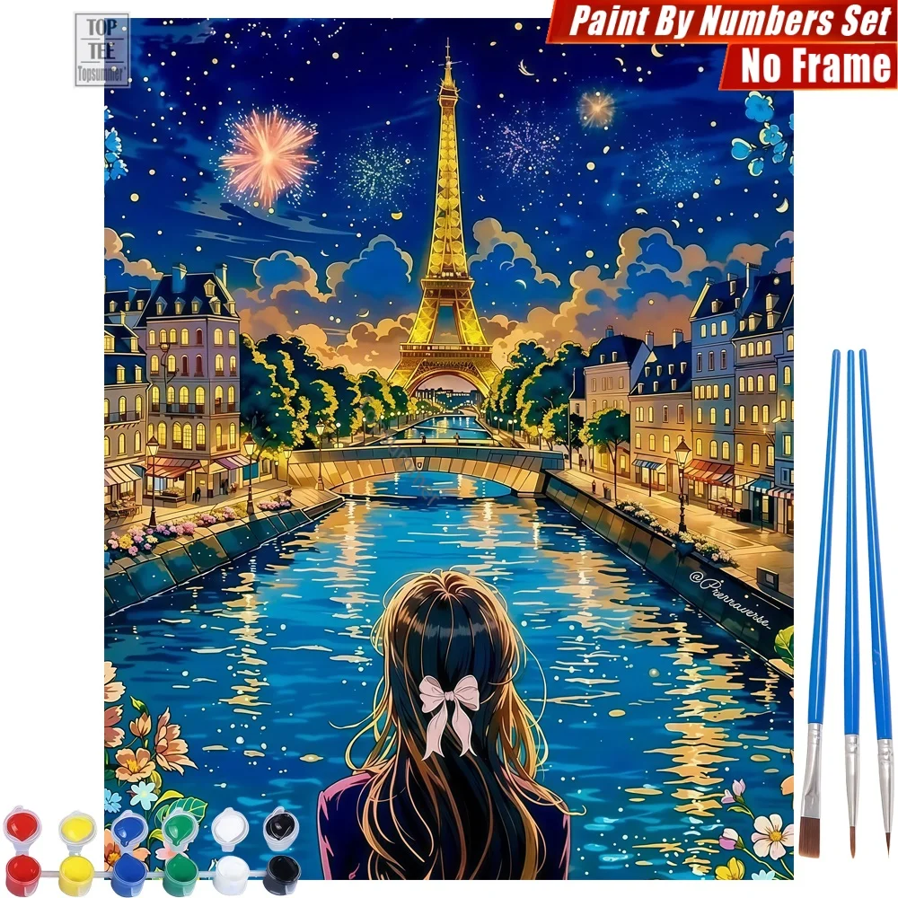 1-teiliges rahmenloses Malen-nach-Zahlen-Set mit Seine-Fluss-Nachtmotiv - Abstraktes Wandbild mit Mädchen und Eiffelturm, Vatertagsgeschenk für Papa Image