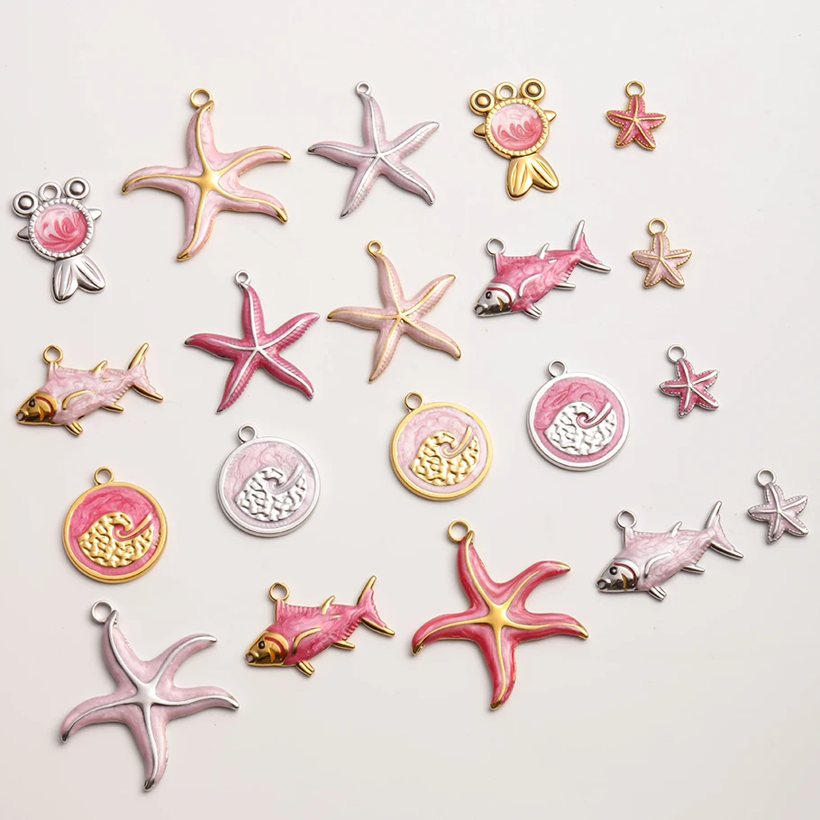5 Stück/Set Edelstahl Rosa-Rote Emaille Muschel Seestern Seepferdchen Anhänger Ozean-Tierfiguren Strand-Schmuck Charms für Halsketten Image