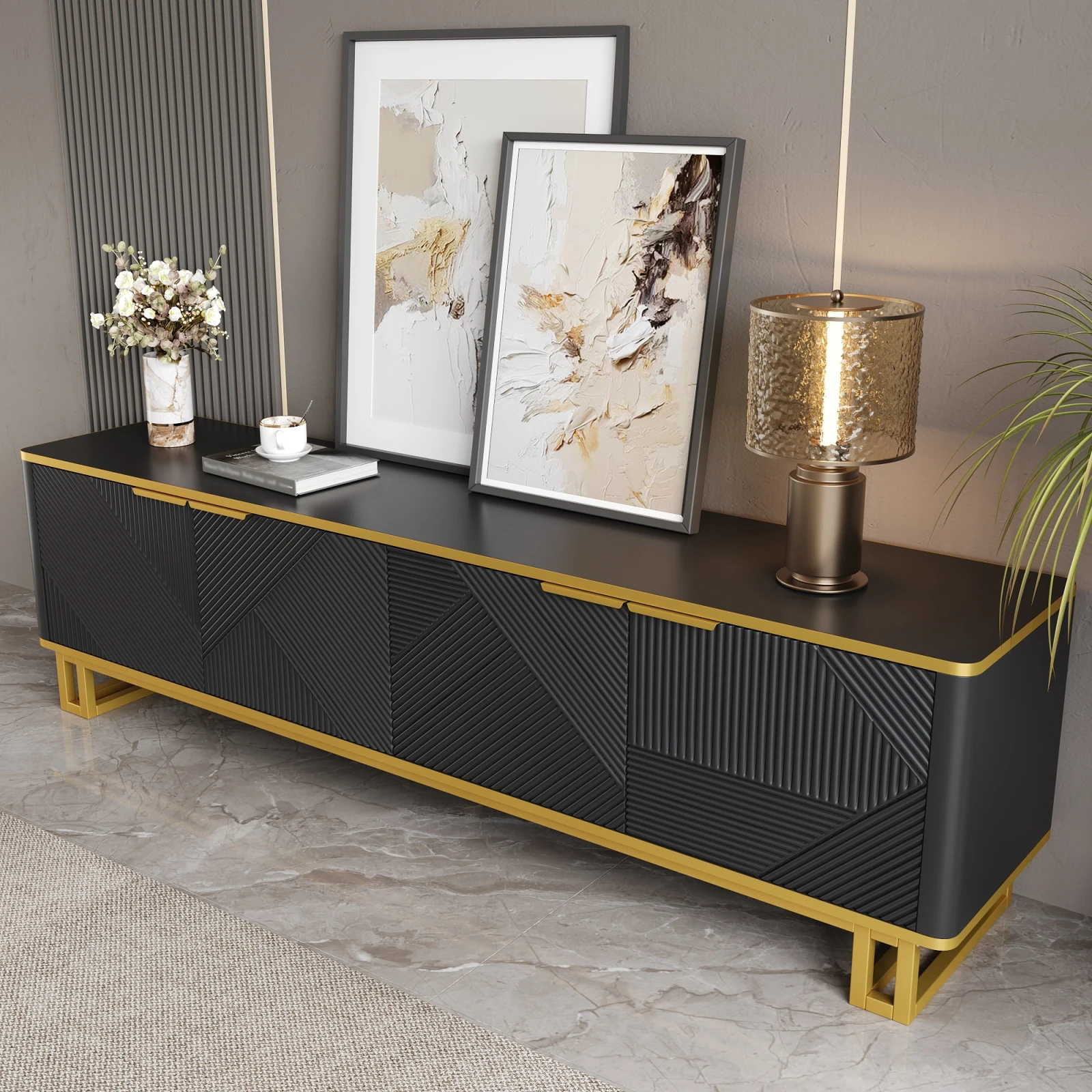 Anajqaqia 160 x 37,5 x 48 cm TV-Schrank mit 4 Türen und geometrischer Textur, TV-Ständer, TV-Panel, TV-Lowboard für Wohnzimmermöbel