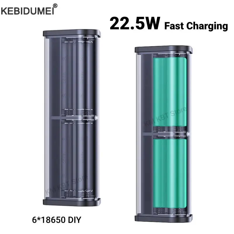 22,5 W 6*18650 Power Bank Fall Transparent Shell Schnelle Lade Halter Fällen Abnehmbare Batterie Ladung Lagerung Box Ohne batterie Image